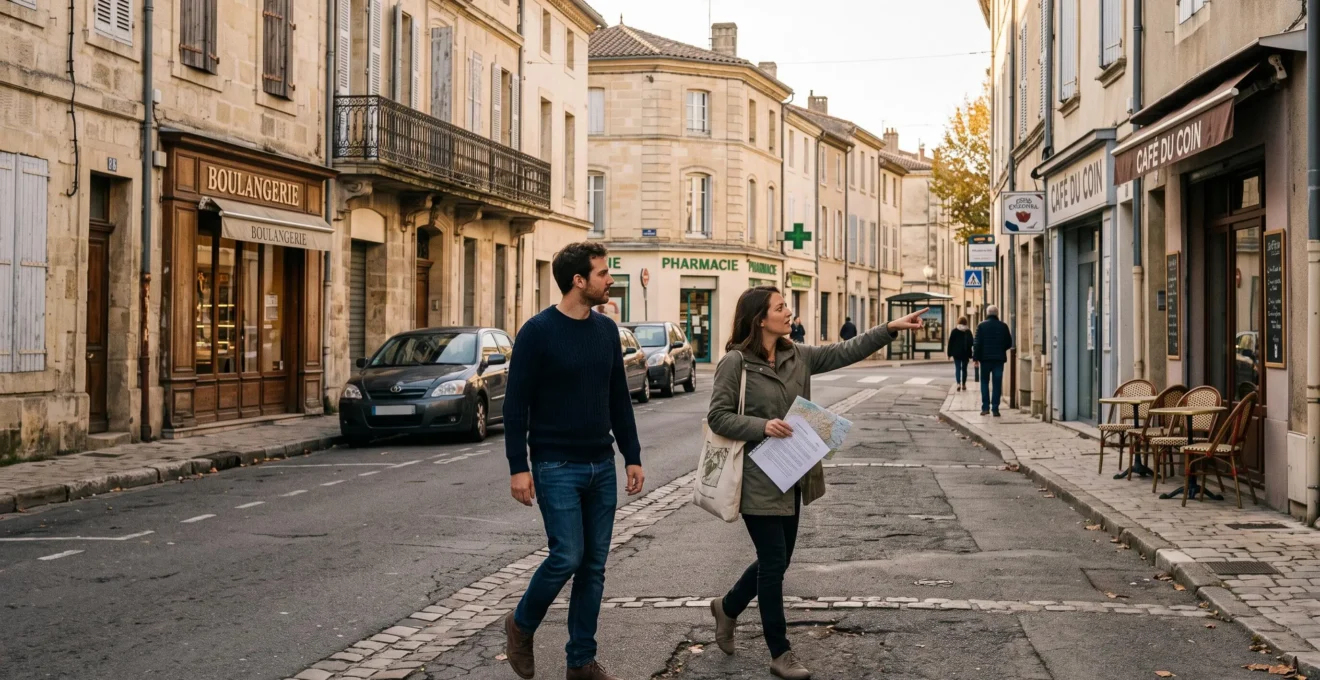 Un couple traverse une rue commerçante d'un quartier français en observant les boutiques et les services de proximité.