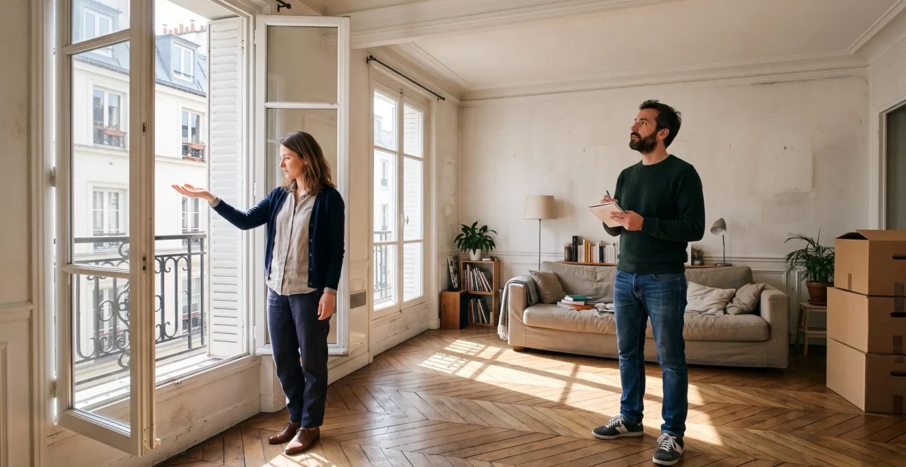 Un couple visite un salon lumineux orienté plein sud et observe la lumière naturelle pendant la visite d'un appartement
