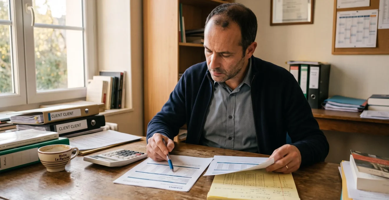 Un courtier en crédit immobilier compare deux offres de prêt imprimées à son bureau avec une calculatrice et des notes manuscrites.