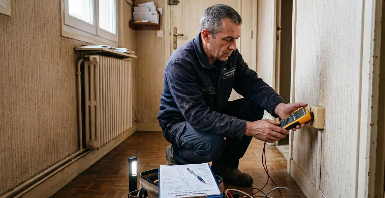 Un diagnostiqueur immobilier teste une prise électrique dans une maison pendant la préparation de la vente.