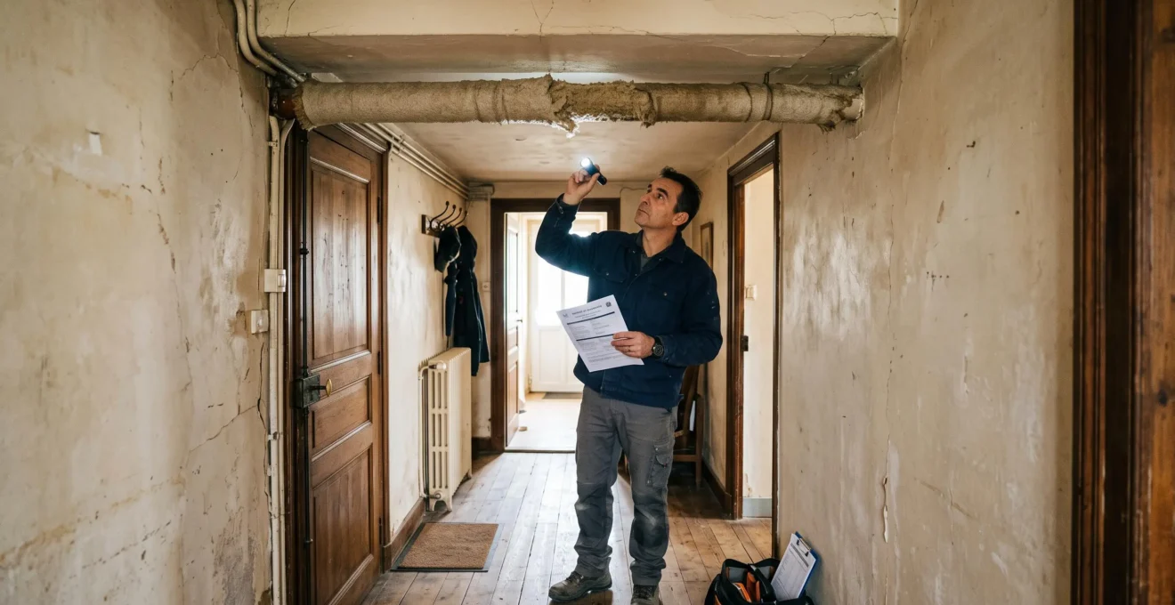 Un diagnostiqueur examine un revêtement isolant sur une canalisation d'une maison ancienne, une lampe torche et un rapport en main