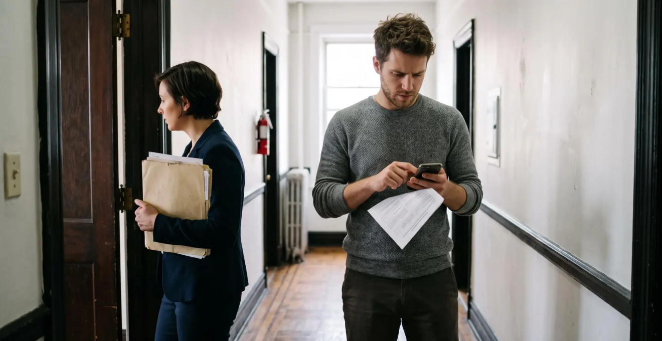 Un candidat envoie son dossier de location sur son smartphone tandis qu'un agent immobilier l'attend près de la porte d'un appartement.