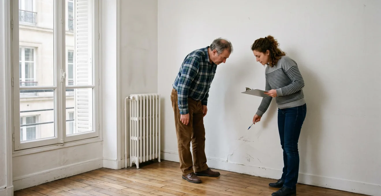 Un bailleur et un locataire examinent ensemble les marques sur un mur lors d'un état des lieux d'entrée dans un appartement vide.