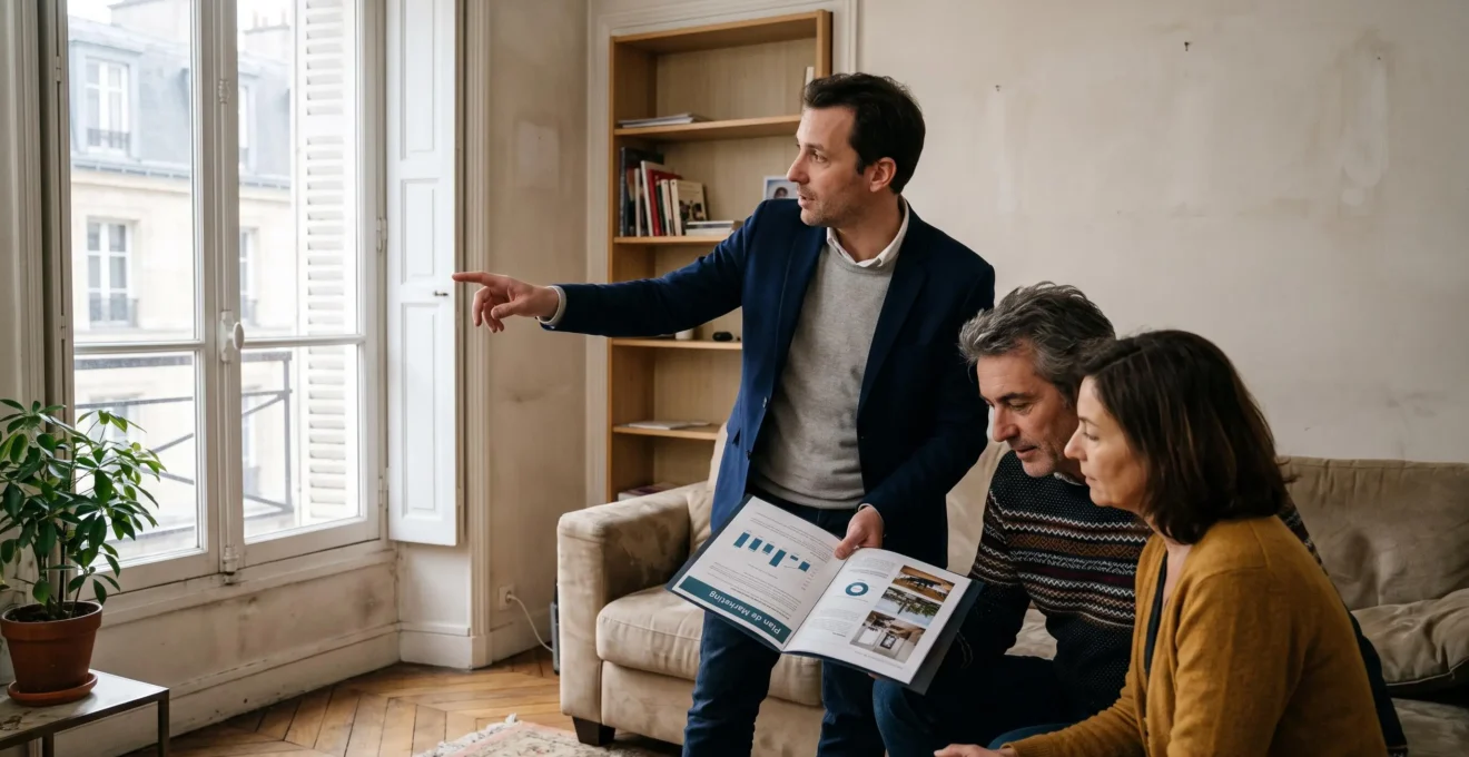 Un négociateur immobilier présente son plan de commercialisation à un couple de propriétaires dans le salon de leur appartement à vendre.