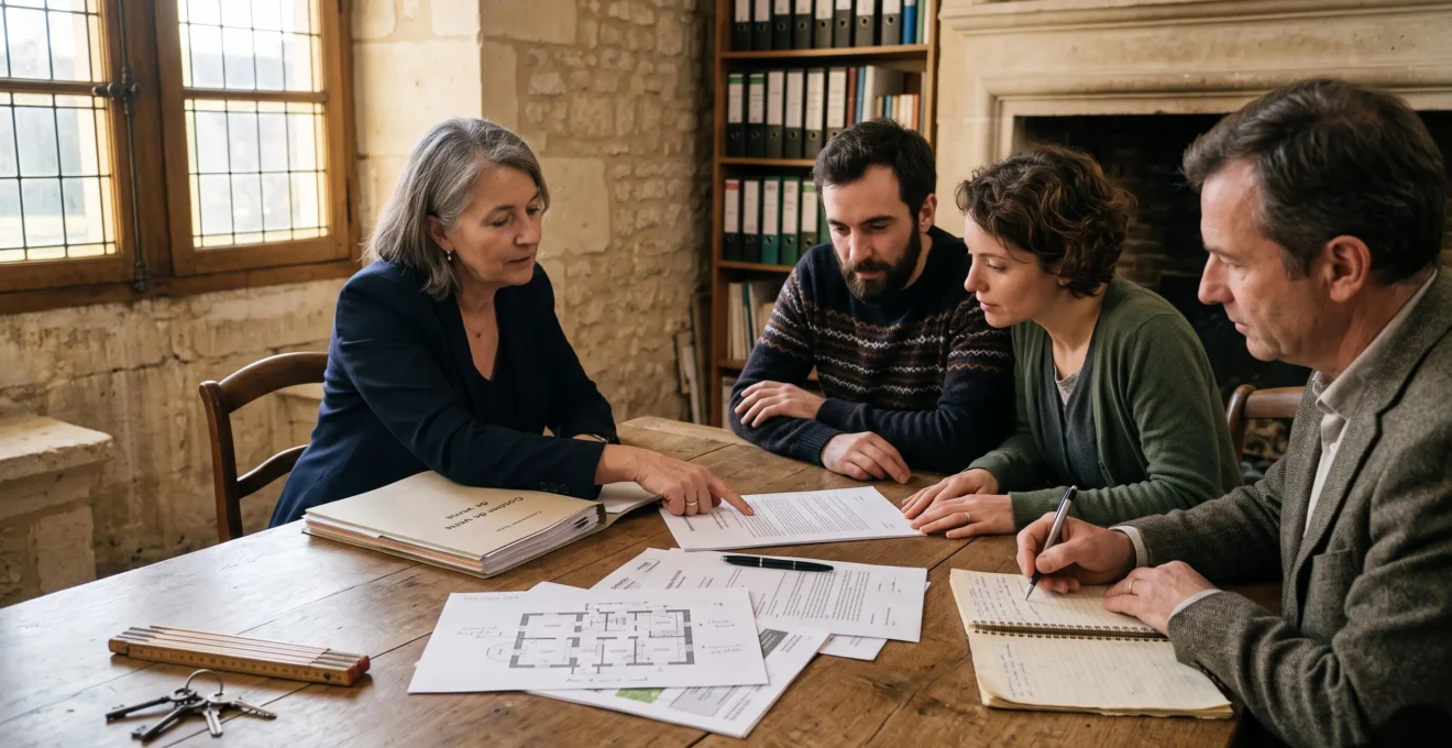 Un notaire, un agent immobilier et un couple examinent ensemble un dossier de vente immobilière ouvert sur une table en bois dans un bureau