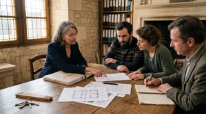 Un notaire, un agent immobilier et un couple examinent ensemble un dossier de vente immobilière ouvert sur une table en bois dans un bureau