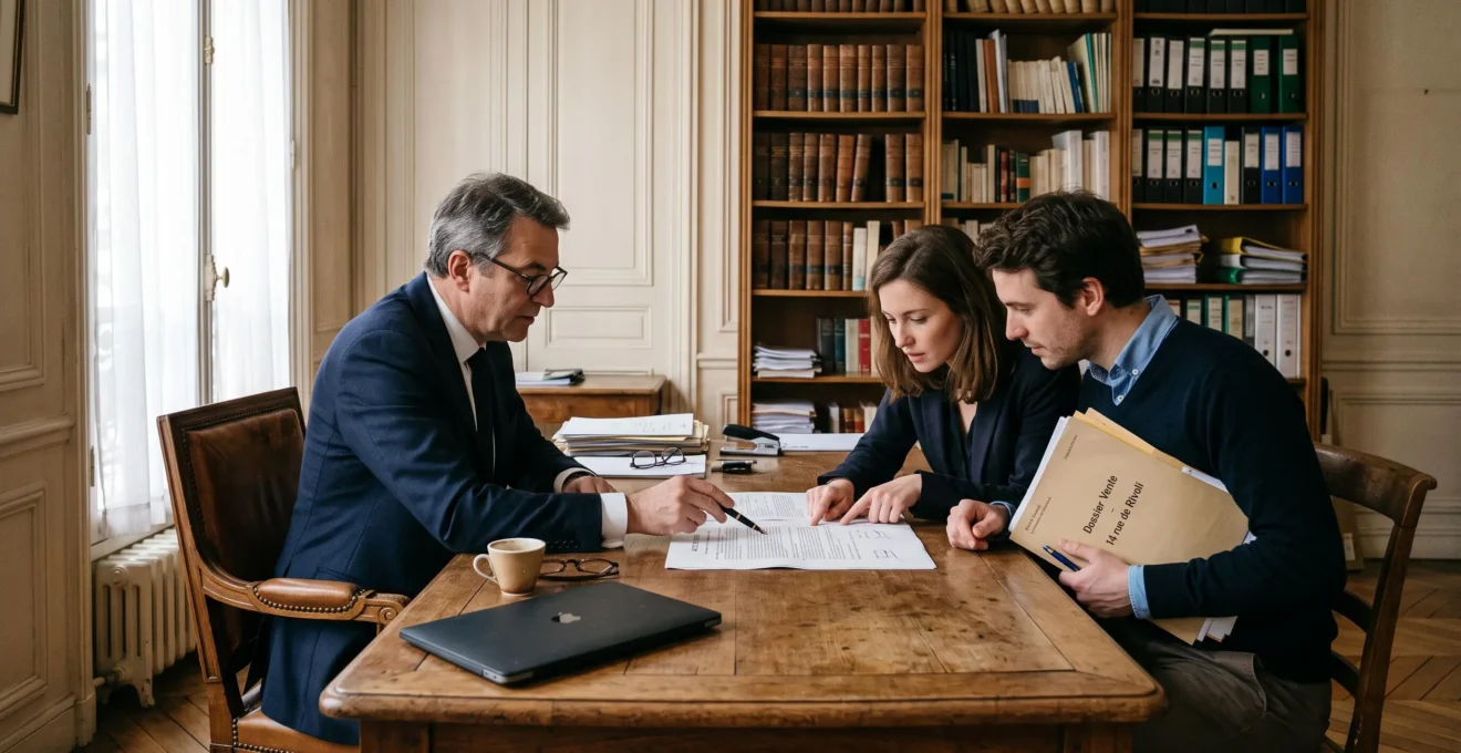Un notaire et un couple examinent ensemble un acte immobilier posé sur la table d'un bureau parisien éclairé par la lumière du jour.