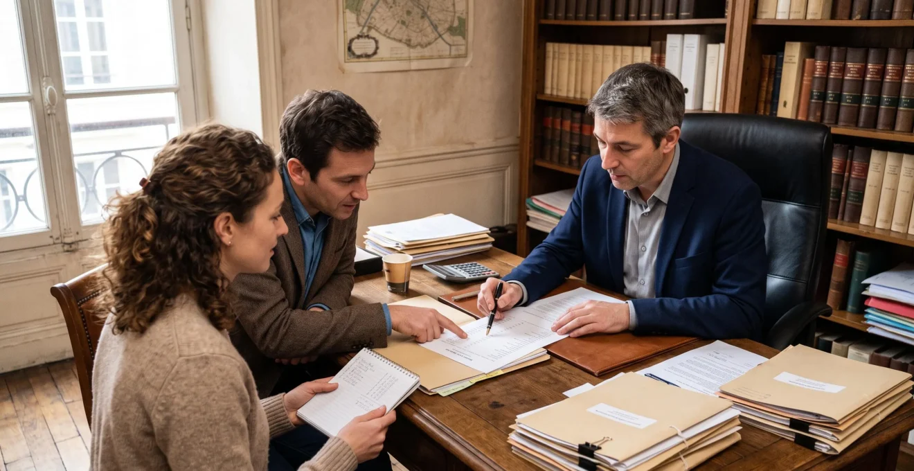 Un notaire explique un chiffrage des frais d'acquisition à un couple d'acheteurs autour d'un bureau en bois dans une étude notariale française.