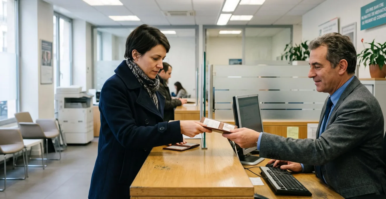 Une cliente remet ses pièces d'identité à un employé au comptoir d'une agence bancaire.