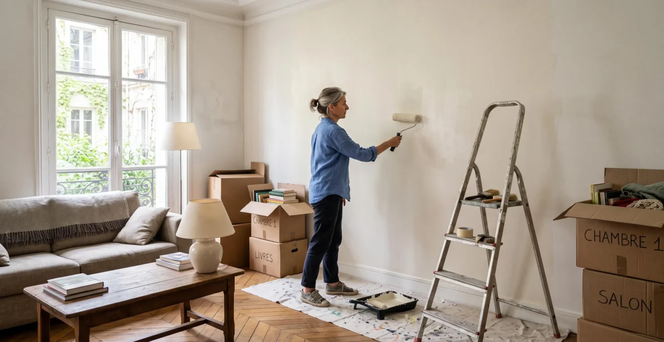 Une femme peint un mur en teinte neutre dans le salon d'un appartement préparé pour une vente immobilière.