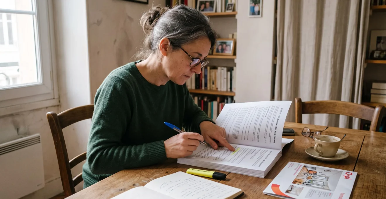 Une personne assise à une table relit un contrat de location imprimé et pointe du doigt une clause avant de le signer.