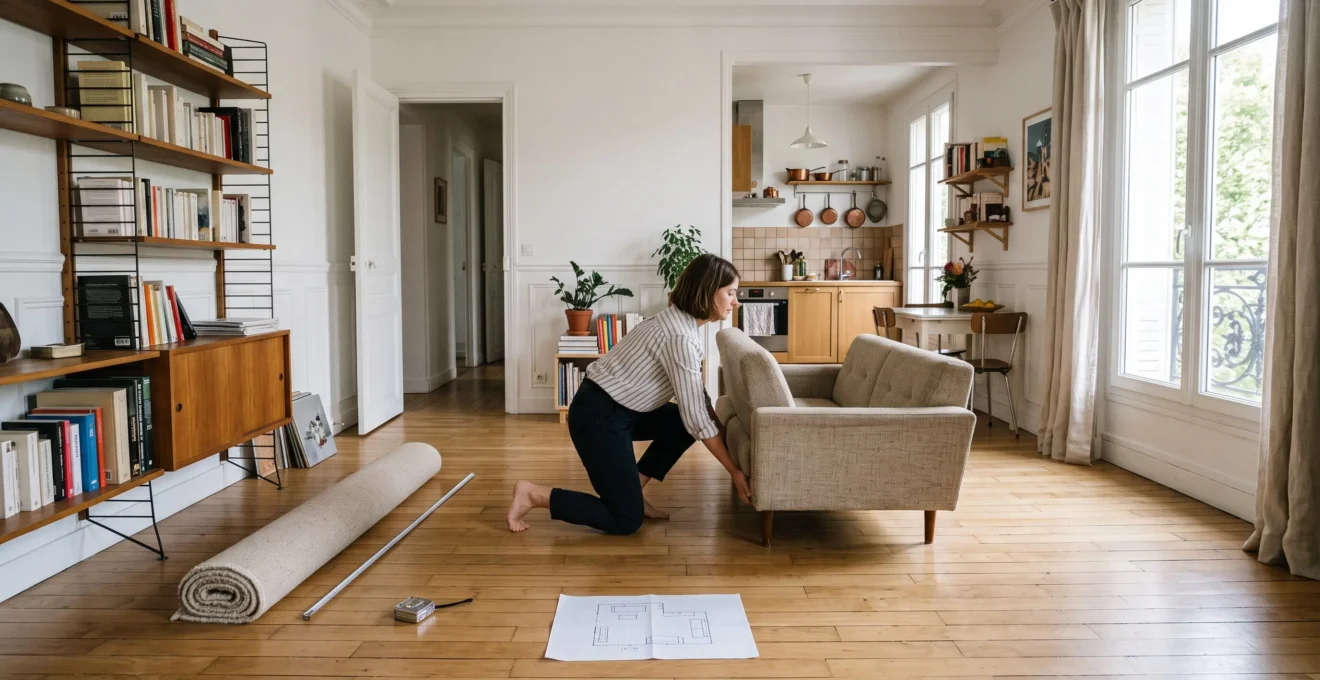Une femme repositionne un canapé dans un salon au sol dégagé pour libérer la circulation entre l'entrée et la cuisine.