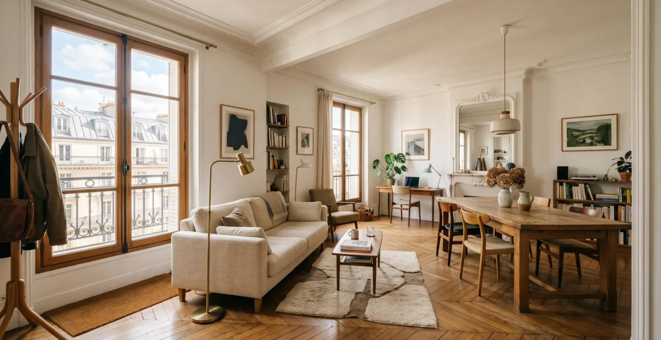 Grand salon ouvert d'un appartement divisé en zones de salon, repas et travail grâce au mobilier, aux tapis et à l'éclairage, sans cloisons.
