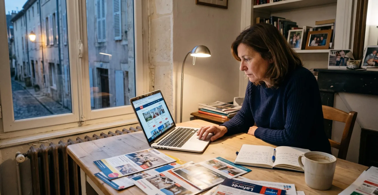 Un propriétaire compare à domicile les annonces immobilières de plusieurs agences sur son ordinateur portable, des flyers imprimés posés sur la table.