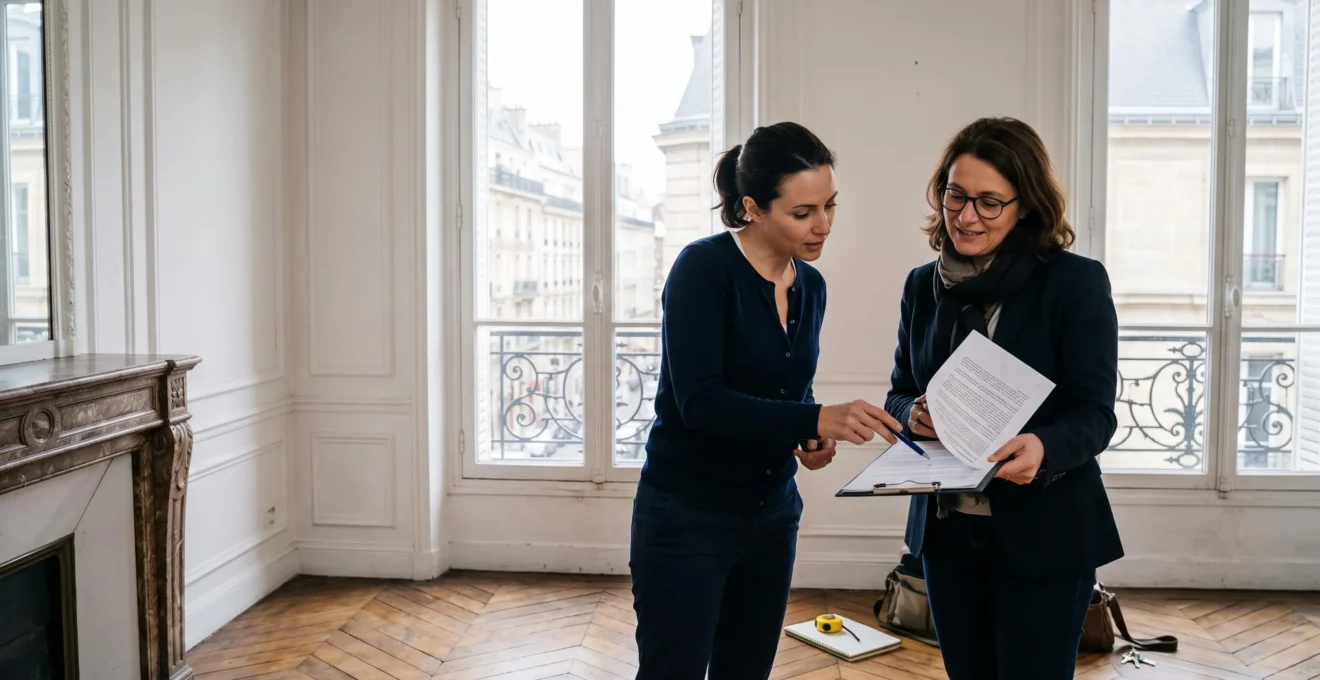 Un futur locataire et un agent de location examinent ensemble un contrat de bail dans un appartement vide à la lumière naturelle.