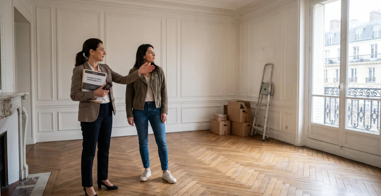 Un agent immobilier fait visiter un appartement lumineux à un acheteur qui observe la pièce principale.