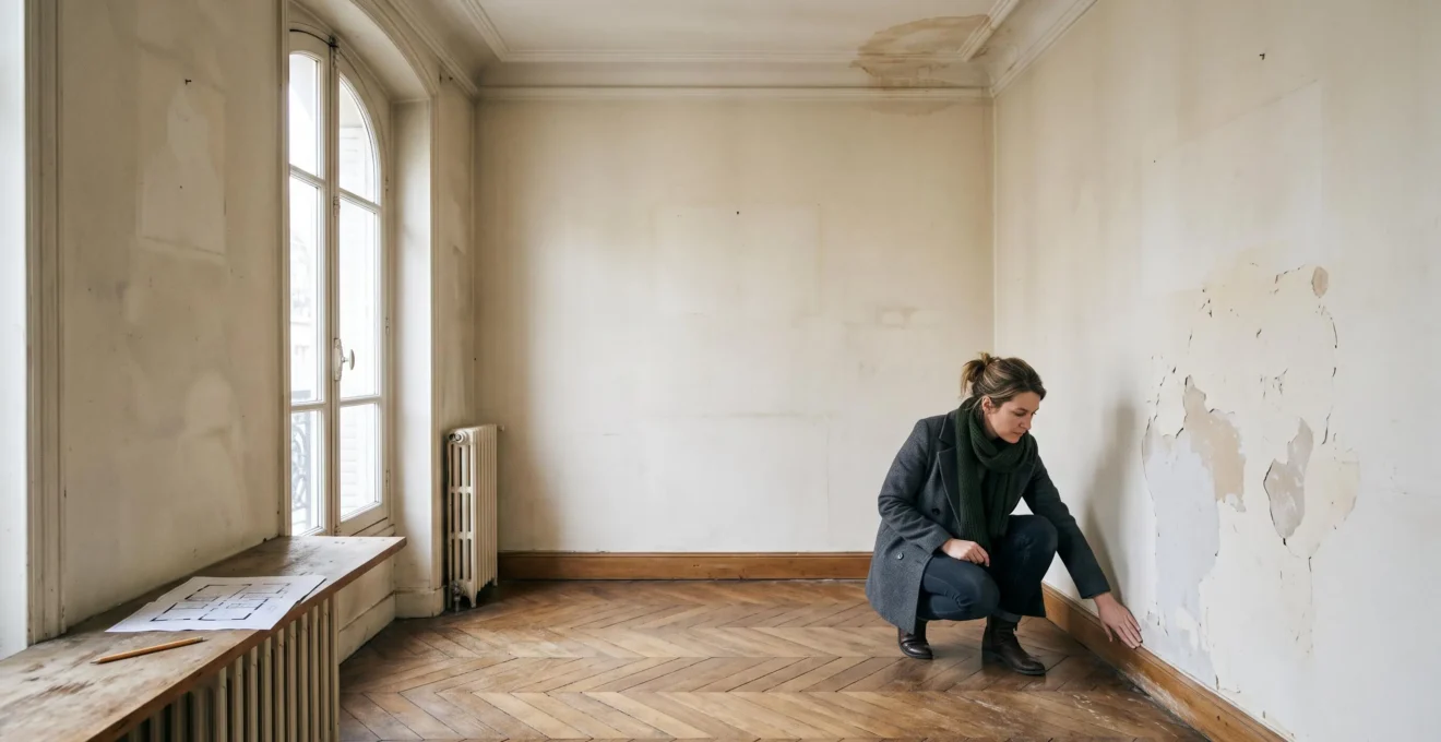 Un acheteur examine le bas d'un mur et les traces d'humidité dans un appartement ancien vide lors d'une visite avant achat.