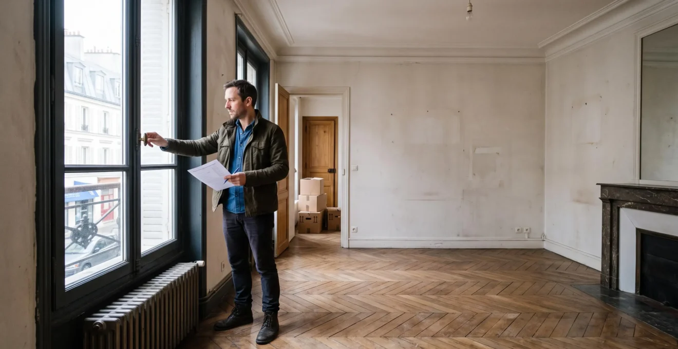 Un futur locataire inspecte la fenêtre et le radiateur d'un appartement vide lors d'une visite de location.