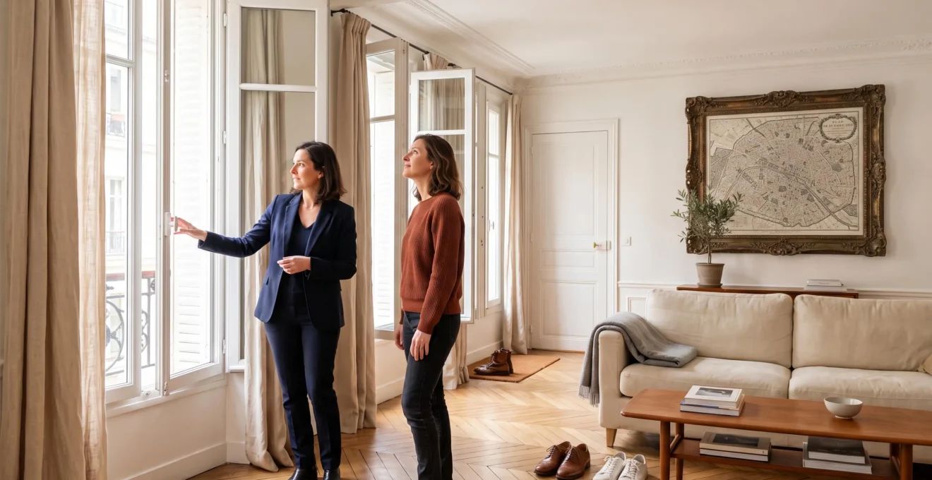 Un propriétaire fait visiter le salon dégagé et lumineux de son appartement à un acheteur debout près de la fenêtre.