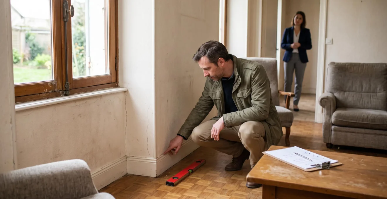 Un visiteur accroupi examine une fissure et une trace d'humidité près d'une plinthe dans le salon d'une maison ancienne en visite d'achat.